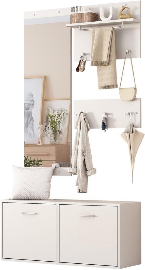 Merax Garderobeset 4-delig – Wandgarderobe met Spiegel Schoenenkast en 6 Haken – Halmeubel Wit 90x30x41 5 cm