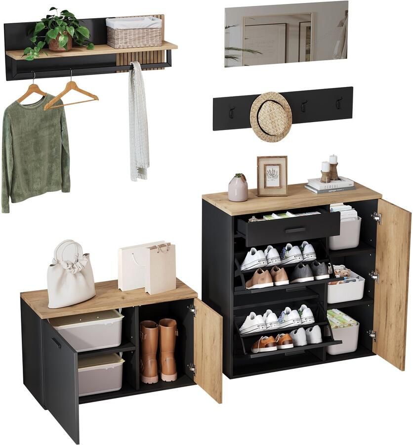 Merax Garderobeset 5-in-1 met Spiegel – 2x Schoenenkast en Kapstok met 4 Haken en Wandplank – Halmeubel met Lade en Opbergruimte – Zwart met Hout Bruin 85 80 cm