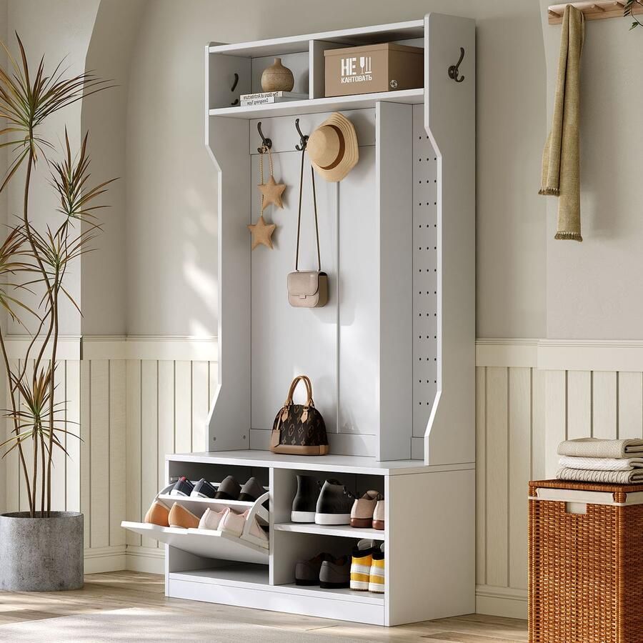 Merax Garderobeset complete gangkast met zitbank 6 haken 1 deur en 4 open opbergvakken wit 100x40x185 -5 cm