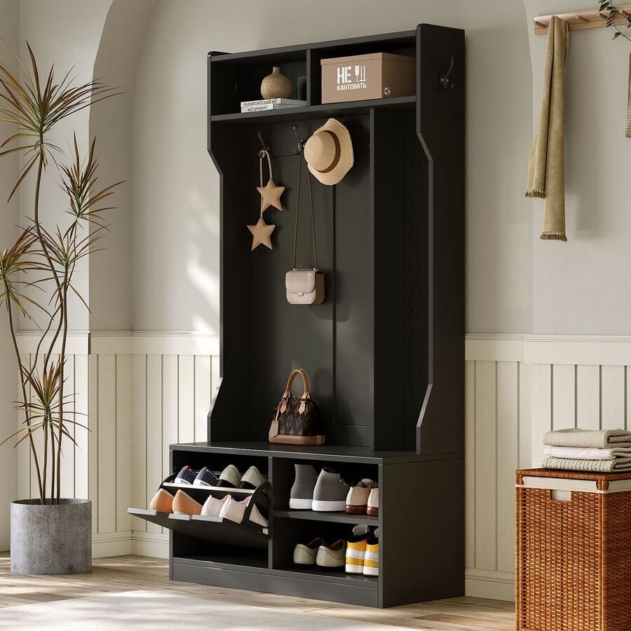 Merax Garderobeset complete gangkast met zitbank 6 haken 1 deur en 4 open opbergvakken zwart 100x40x185 -5 cm