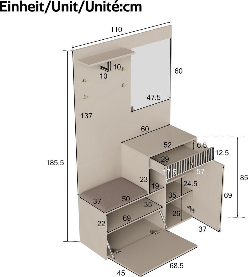 Merax Garderobeset met Spiegel en Zitkussen Flurkast met Open Vakken Schoenenkast en Kapstokpaneel 110x1855x37 cm Zwart Houtkleur - Foto 2