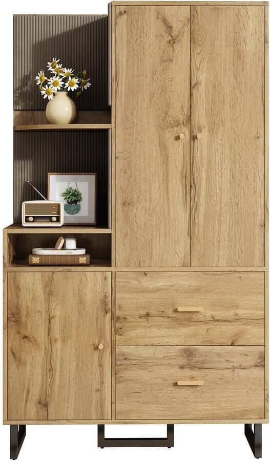 Merax Garderobeset met Spiegel Zitpaneel en Vitrinekast Halmeubel met Open Vakken en Lade 110x186x38 cm Zwart Houtkleur