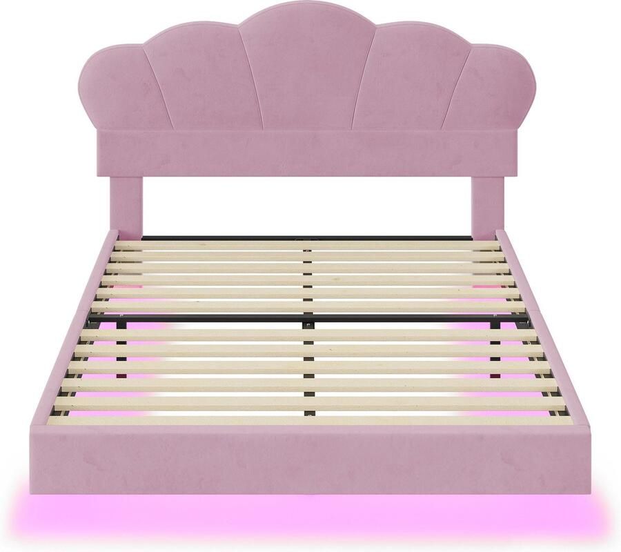 Merax Gestoffeerd 140x200 cm Roze Velvet Bed met LED-Verlichting Wolkvormig Hoofdbord Verborgen Poten Modern Design Geschikt voor Jeugd en Volwassenen (Matratras niet inbegrepen)