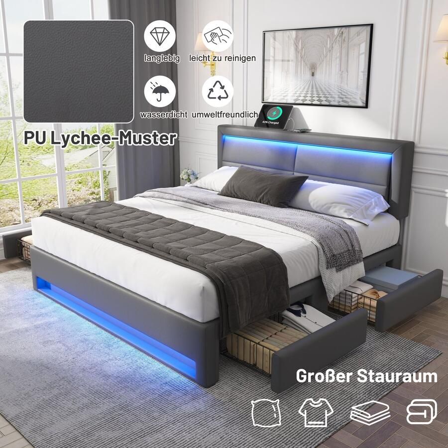 Merax Gestoffeerd bed 160 x 200 cm met USB-poort met LED-verlichting en vier opberglades zonder matras grijs