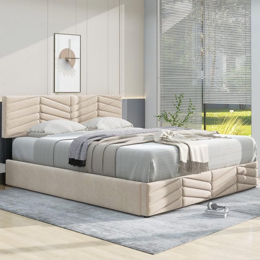 Merax Gestoffeerd bed 140 x 190 cm Tweepersoonsbed opbergbed met veel opbergruimte Verstelbaar hoofdeinde Zonder matras Beige