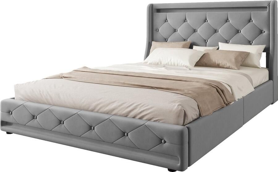 Merax Gestoffeerd Bed 140 x 200 cm Bed met Lattenbodem (zonder Matras) Ferngesteuertes Ambientelicht 4 Opberglades Velours Grijs