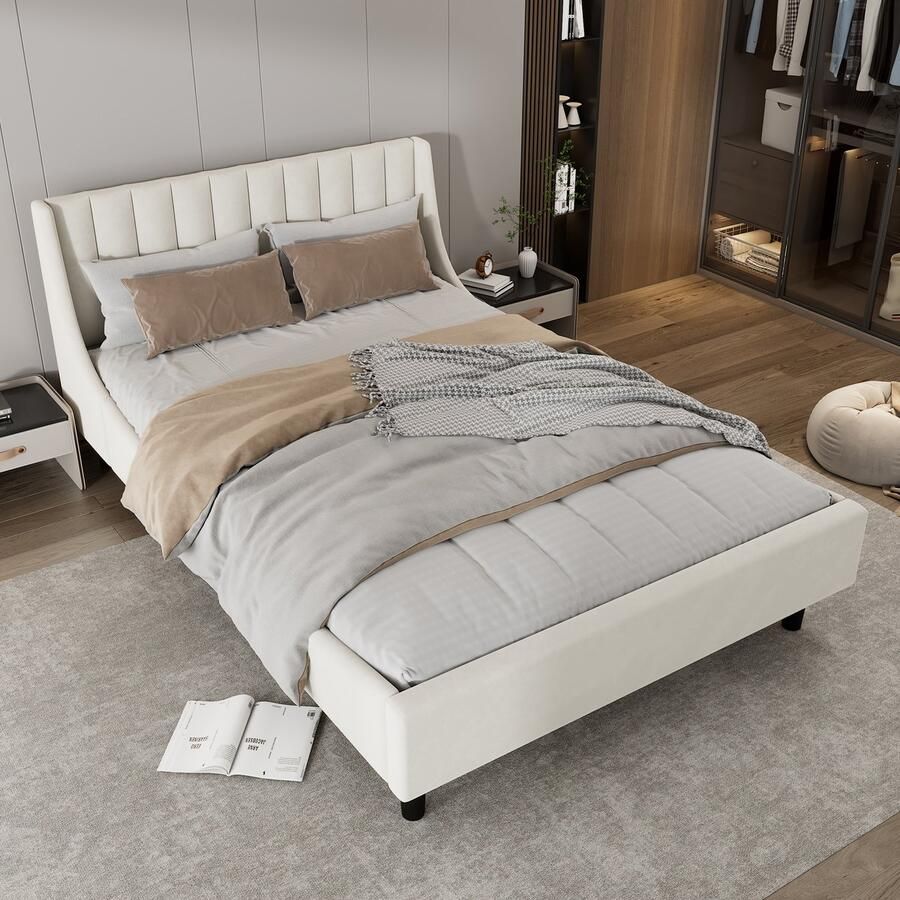 Merax Gestoffeerd bed 140 x 200 cm bed met lattenbodem zonder matras fluweel minimalistisch beige