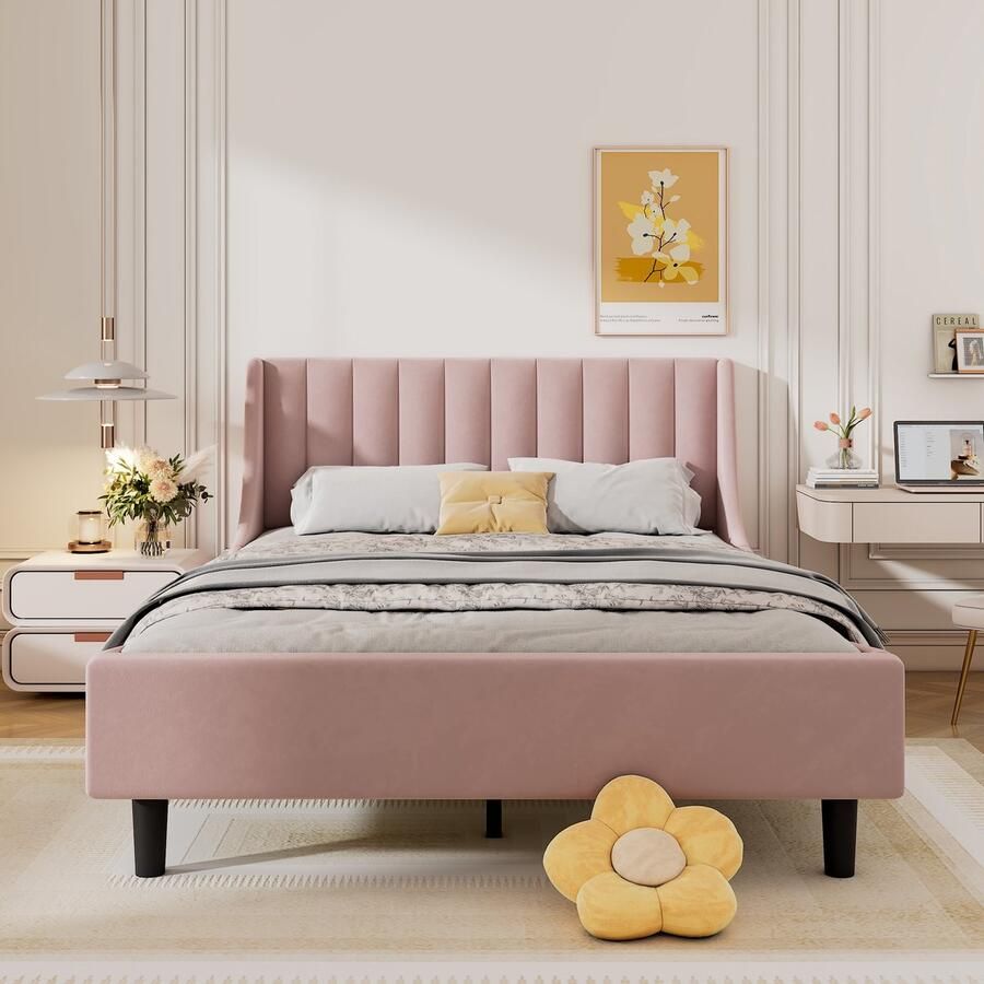 Merax Gestoffeerd bed 140 x 200 cm bed met lattenbodem -zonder matras fluweel minimalistisch roze