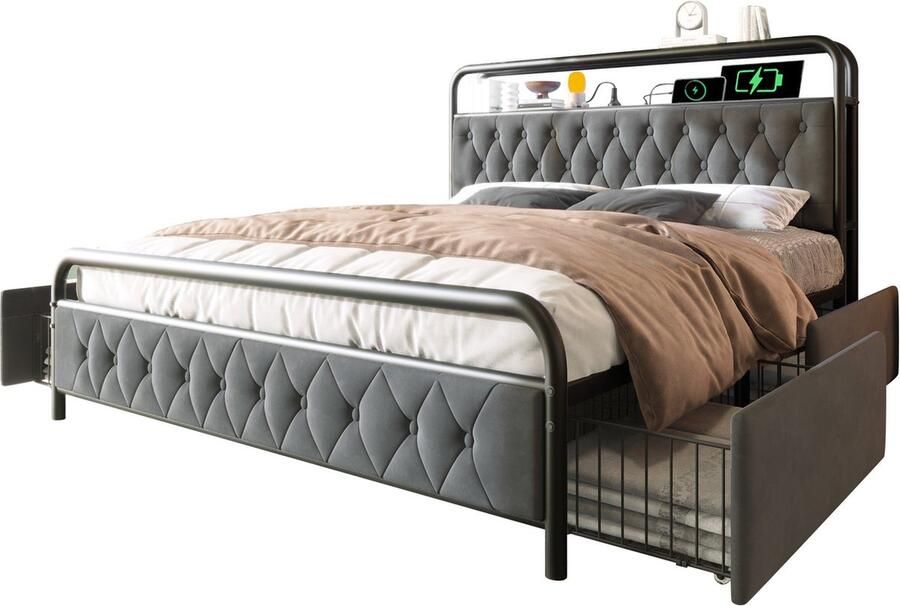 Merax Gestoffeerd Bed 140 x 200 cm – Bedframe met 4 Schuiven – USB Type C Oplaadfunctie – APP-Control LED Verlichting – Fluweel in Grijs