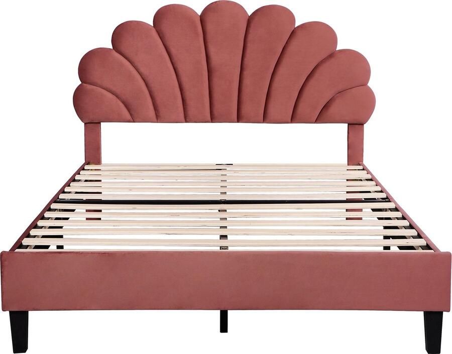 Merax Gestoffeerd Bed 140 x 200 cm Bedframe met Bloemenhoofdsteun en Lattenbodem Fluweel Bohnenrood Geschikt voor Volwassenen en Jongeren