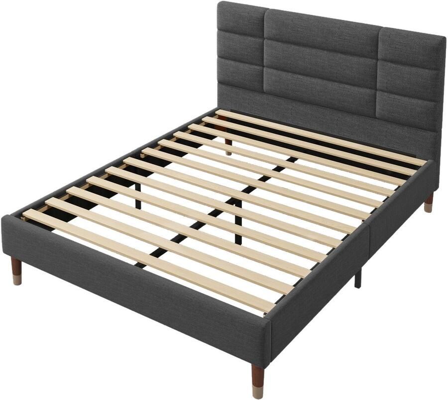 Merax Gestoffeerd Bed 140 x 200 cm – Bedframe met Lattenbodem en Hoofdeinde – Inclusief Federkernmatras – Beige Linnen Stof – Met Opbergruimte