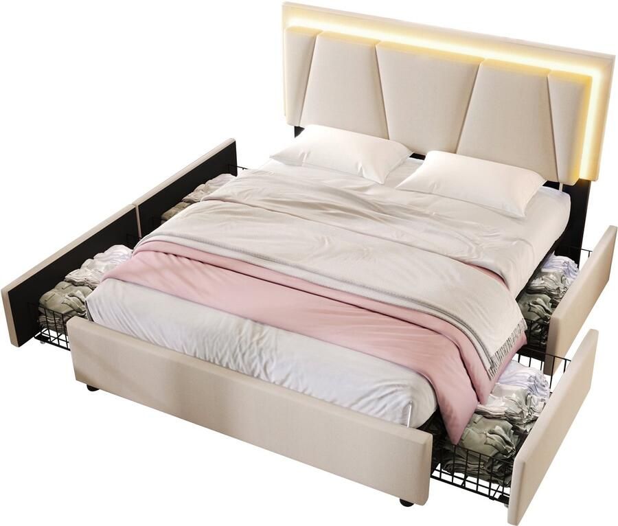 Merax Gestoffeerd Bed 140 x 200 cm Bedframe met LED Verlichting 4 Schuifladen en Verstelbaar Hoofdbord Houten Lattenbodem Beige Slaapkamer Logeerbed Tweepersoonsbed