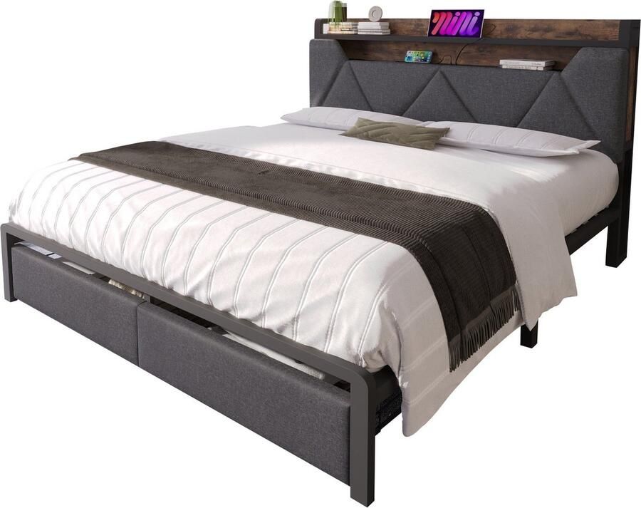 Merax Gestoffeerd Bed met USB-C Oplaadfunctie LED Verlichting Opbergvak in Hoofdbord en Schuifladen 140x200 cm Grijs (Zonder Matras)