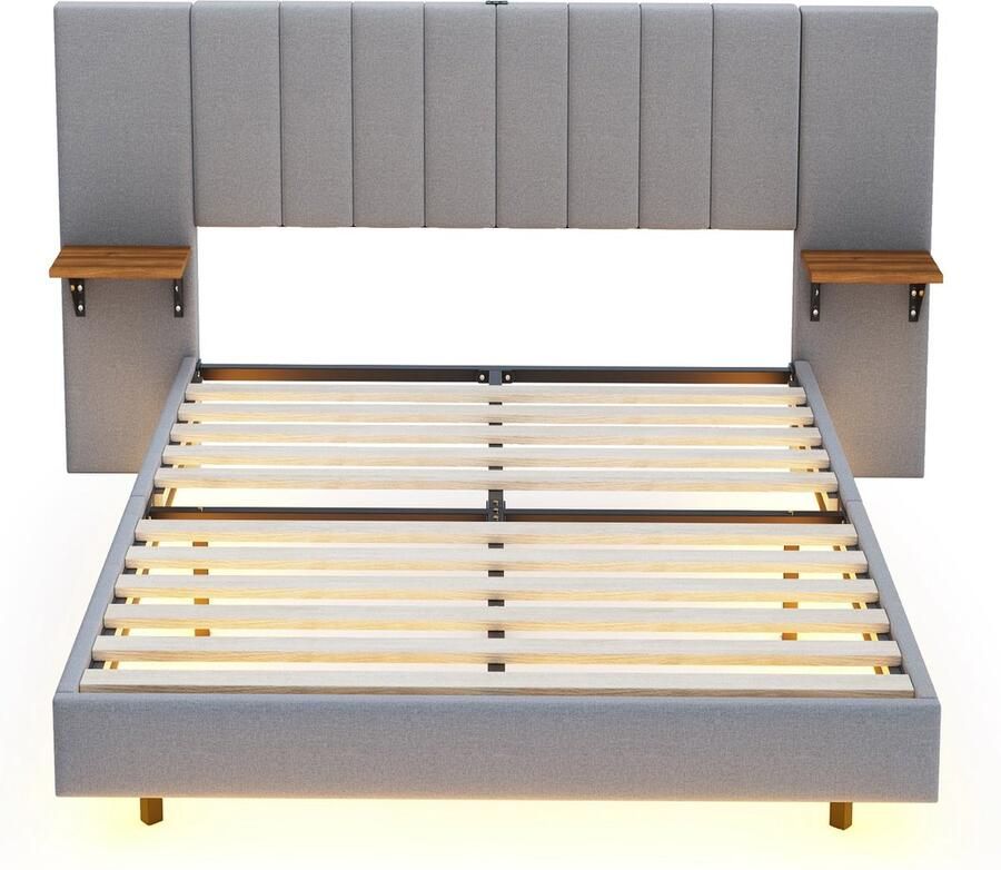 Merax Gestoffeerd Bed 140 x 200 cm Dubbel Bed met USB-Ladeaansluiting en LED Verlichting Linnen Stof in Grijs Verlengd Hoofdboard met Zijdelingse Opbergruimte