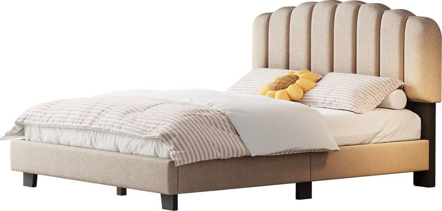 Merax Gestoffeerd Bed 140 x 200 cm Inclusief Lattenbodem (Zonder Matras) Uniek Vormgegeven en Verstelbaar Hoofdbord Leinen Stof Minimalistisch Design Donkerbeige