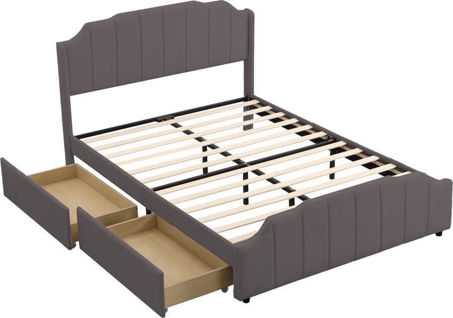 Merax Gestoffeerd Bed 140 x 200 cm met 2 Opberglades Inclusief Lattenbodem Hoofdbord en Voeteneinde – Grijs Velvet