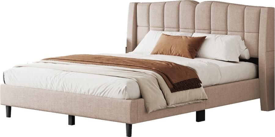 Merax Gestoffeerd Bed 140 x 200 cm Met Lattenbodem Uniek Hoofdbord Ontwerp Opbergtas en Knopen Minimalistisch Design in Donkerbeige (Zonder Matras)