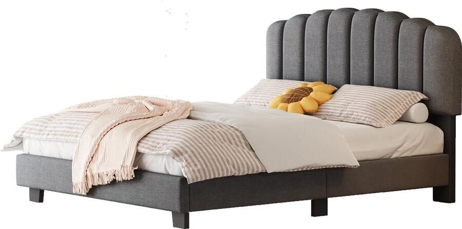 Merax Gestoffeerd Bed 140 x 200 cm met Lattenbodem (zonder Matras) Verstelbaar en Uniek Ontworpen Hoofdeinde Leinen Minimalistische Stijl Grijs