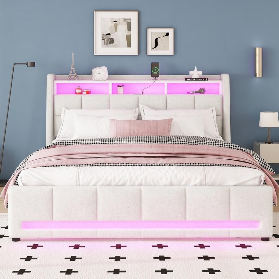Merax Gestoffeerd bed 140 x 200 cm met LED-verlichting met laden met stopcontact en USB met opbergruimte beige zonder matras
