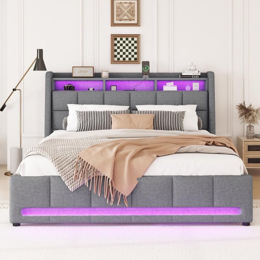 Merax Gestoffeerd bed 140 x 200 cm met LED-verlichting met laden met stopcontact en USB met opbergruimte grijs zonder matras
