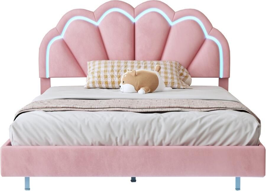 Merax Gestoffeerd Tweepersoonsbed 140x200 cm met Bedhocker Voetenbank Zwevend Bedframe met LED-Verlichting en Uniek Hoofdbord Fluwelen Stof Roze met Goud - Foto 2