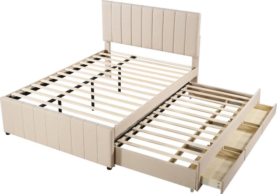 Merax Gestoffeerd Bed 140 x 200 cm met Uittrekbaar Bed en Opberglades Houten Lattenbodem en Leinen Bekleding Beige (Zonder Matras)