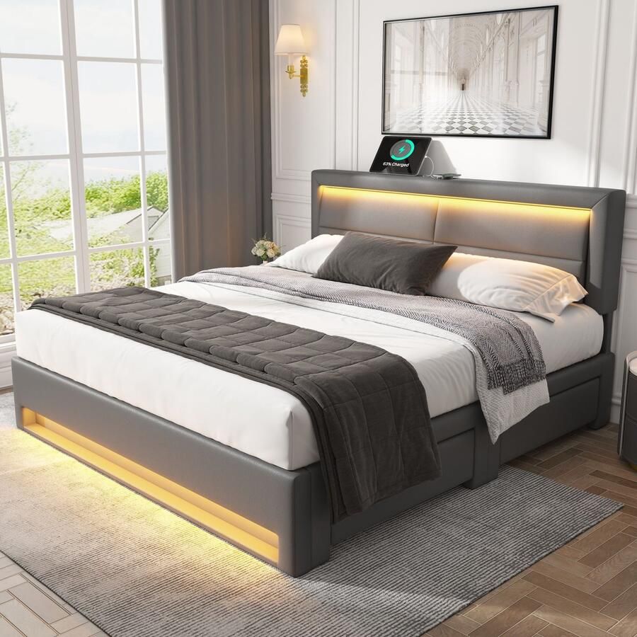 Merax Gestoffeerd bed 140 x 200 cm met USB-poort met LED-verlichting en vier opberglades zonder matras grijs