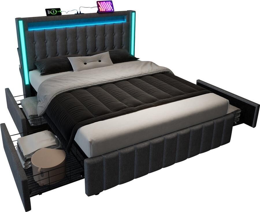 Merax Gestoffeerd Bed 140 x 200 cm met USB Type-C Oplaadfunctie LED Verlichting en 4 Schuiflades Grijs Linnen Met Houten Lattenbodem Zonder Matras
