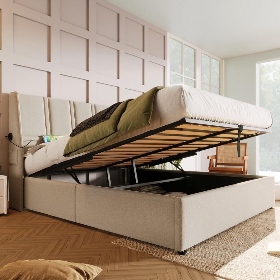 Merax Gestoffeerd Bed 140 x 200 cm met USB Typ-C Oplaadpoorten Hydraulisch Systeem Opbergruimte en Leinen Bekleding Beige