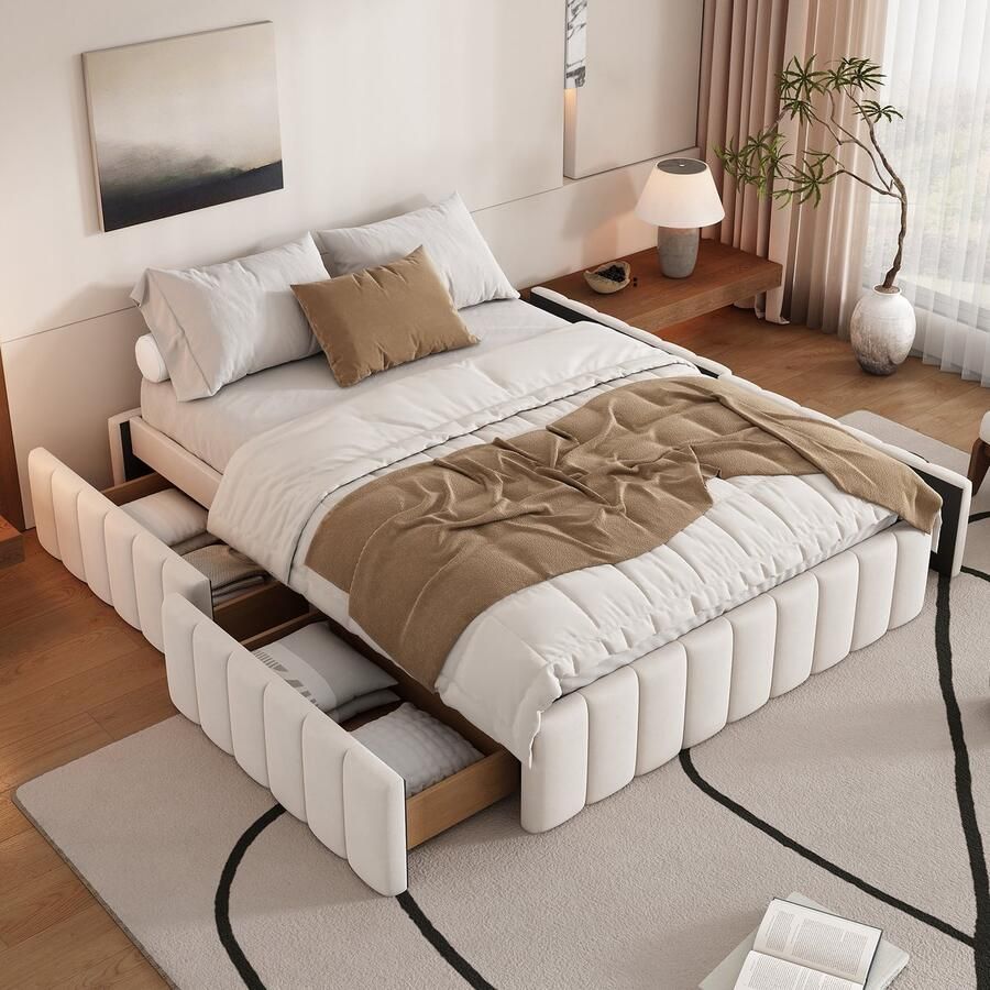 Merax Gestoffeerd bed 140 x 200 cm tweepersoonsbed met bedbodem zonder rugleuning beige zonder matras