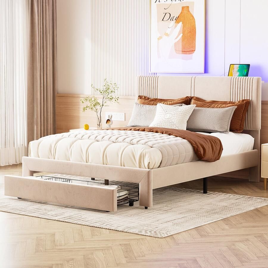 Merax Gestoffeerd bed 140 x 200 cm tweepersoonsbed met lichtstrip en USB-aansluiting lades verstelbaar hoofdeinde beige zonder matras