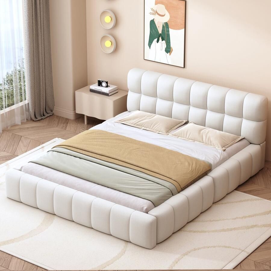 Merax Gestoffeerd bed 140 x 200 cm tweepersoonsbed met zachte rugleuning plat bed met gestoffeerde randen beige zonder matras