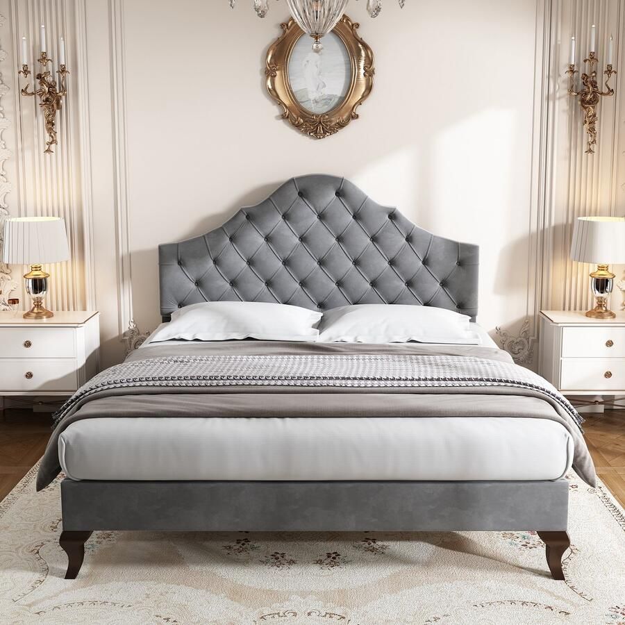 Merax Gestoffeerd bed 140 x 200 cm Tweepersoonsbed Verstelbaar hoofdeinde Zonder matras Grijs