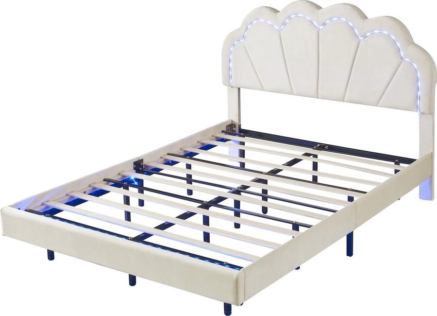 Merax Gestoffeerd Bed 140 x 200 cm Zwevend Bedframe met LED-verlichting Hoofdbord Design Tweepersoons Logeerbed van Huidvriendelijk Fluwelen Stof Beige - Foto 3