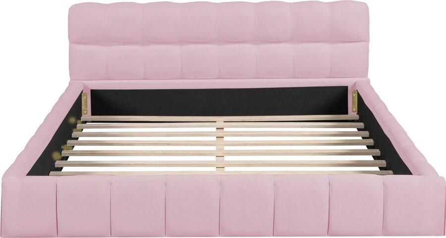 Merax Gevoerd Bed 140 x 190 cm Jeugdbed Dubbel Bed met Zacht Hoofdbord Uitschuifbare Bedrand Laken Roze Inclusief Lattenbodem (Matrat niet inbegrepen)