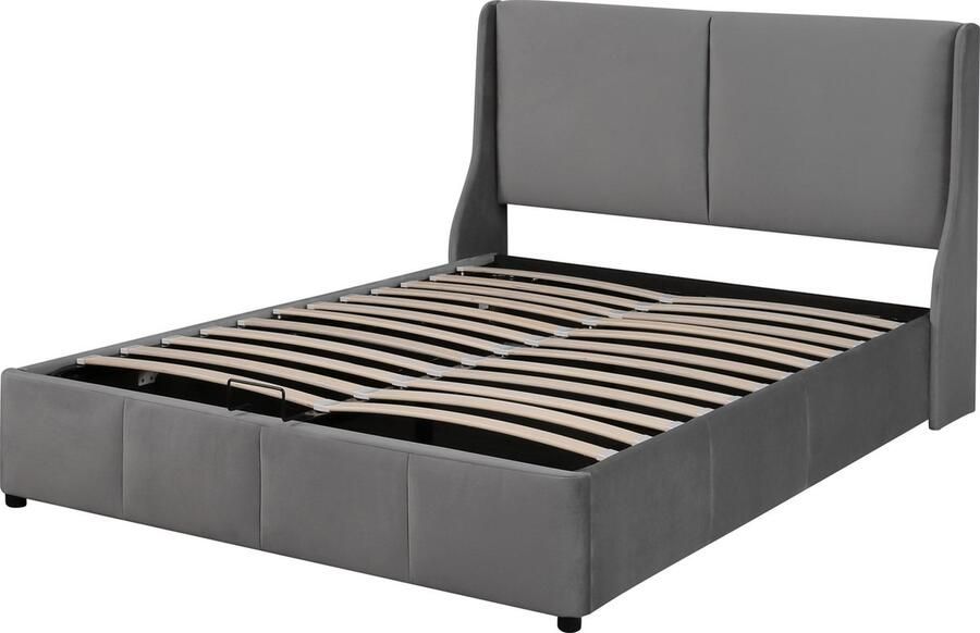 Merax Gestoffeerd Bed 140x190 cm Hydraulisch Bed met Opbergbox Zonder Matras Grijs Fluweel