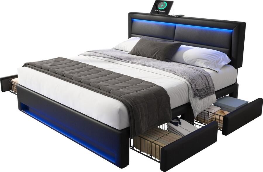 Merax Gestoffeerd Bed 160 x 200 cm met USB-Aansluiting (ondersteunt draadloos en bekabeld opladen) LED-Verlichting en Vier Opberglades Zonder Matras PU-Litschi-Textuur Zwart