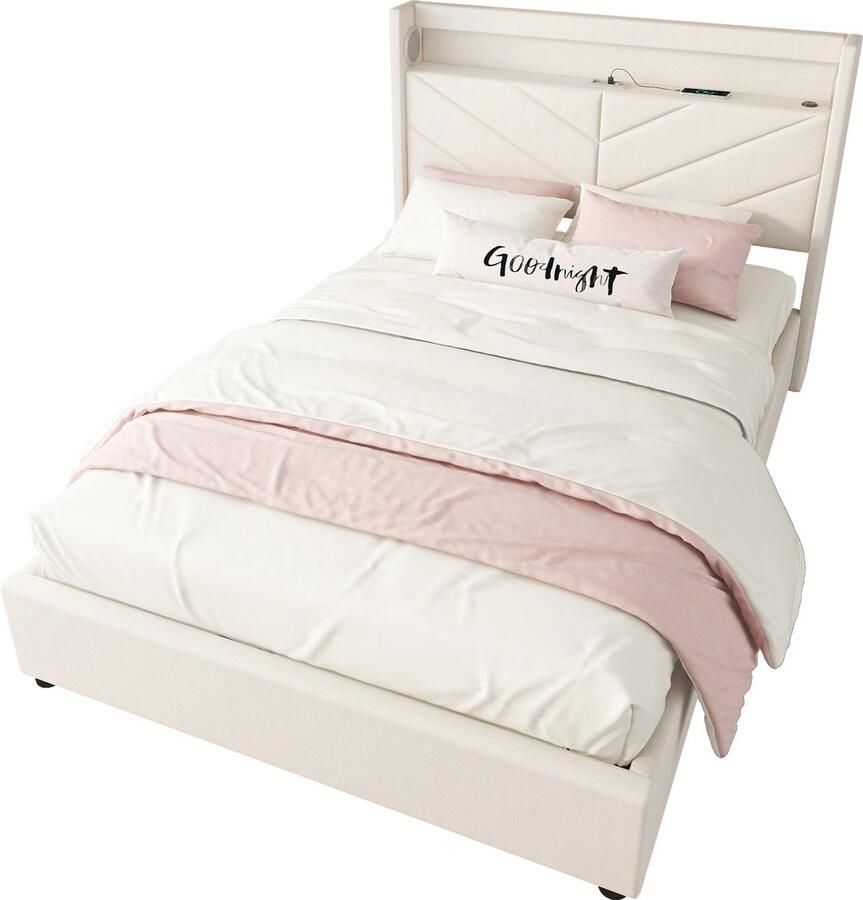 Merax Gestoffeerd Bed 140x190 cm Zonder Matras Ambientebeleuchtung met Afstandsbediening Hydraulisch Bed met USB en Stereo Beige Linnen