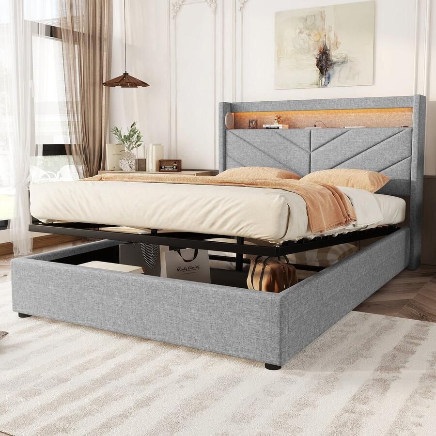 Merax Gestoffeerd bed 140x190 cm zonder matras met verlichting op afstand met USB en stereo-installatie grijs