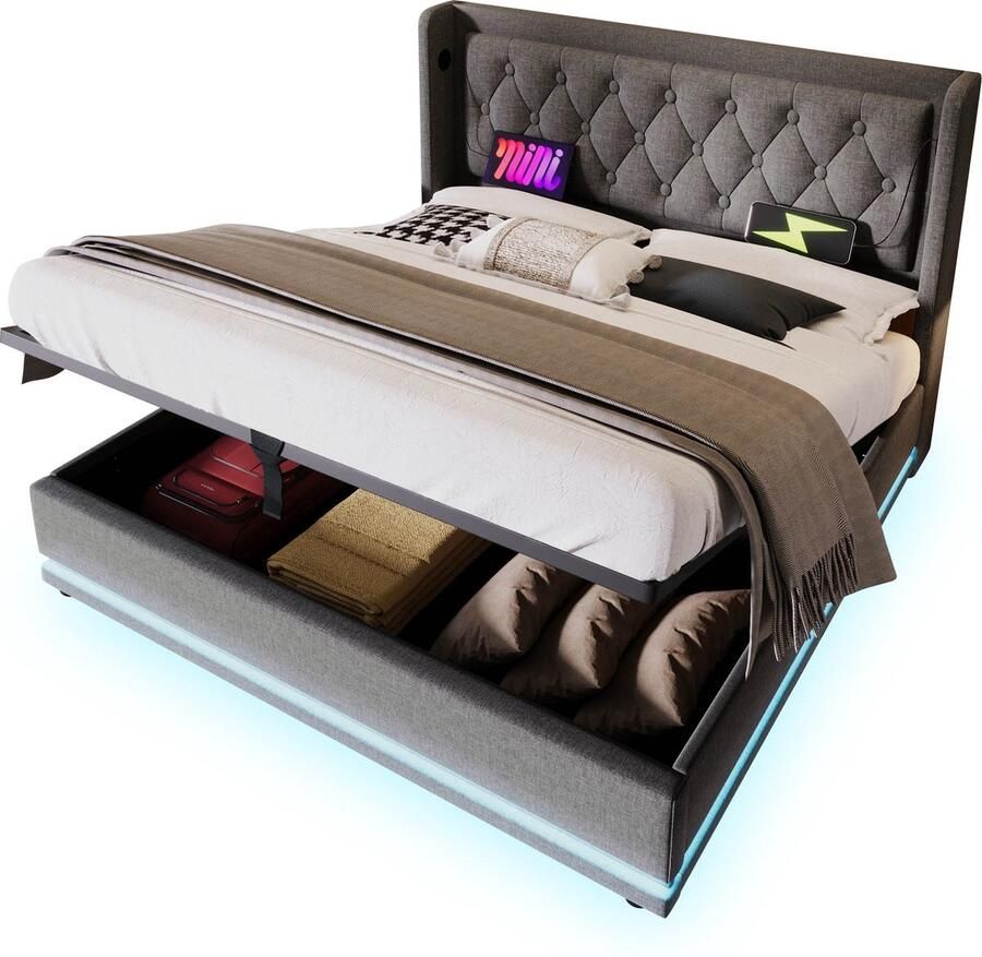 Merax Gestoffeerd Bed 140x200 cm Bed met Hydraulische Opbergruimte en LED Verlichting USB Type-C Oplaadfunctie en Gepolsterd Hoofdbord Grijs Katoen