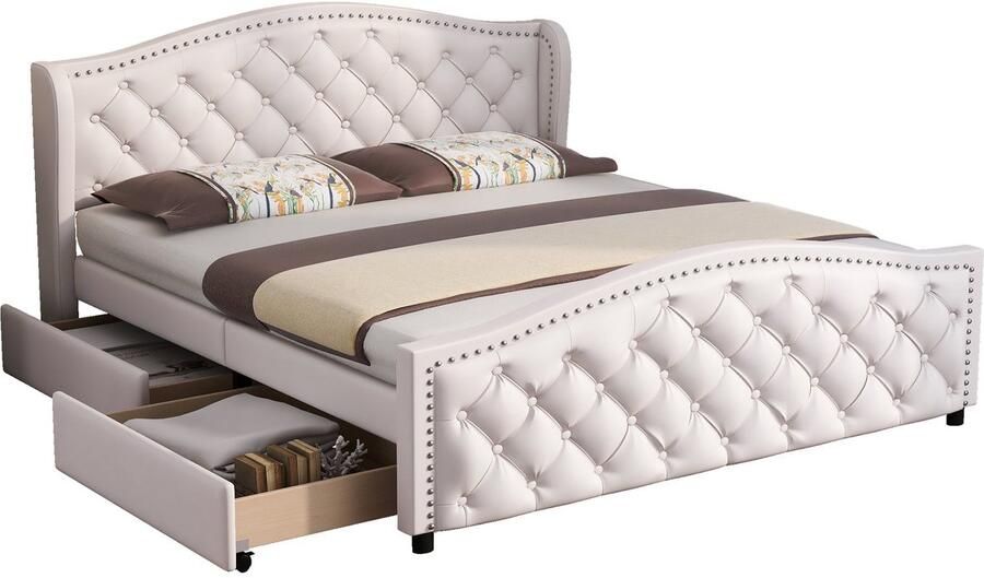 Merax Gestoffeerd Bed 140x200 cm Bed met Lattenbodem 2 Schuiflades en Hoofdeinde met Knopen Hout & Kunstleer Wit Jeugdbed of Logeerbed