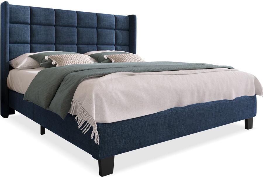 Merax Gestoffeerd Bed 140x200 cm Bed met Lattenbodem en Rugleuning Blauw Linnen Geen Boxspring Vereist