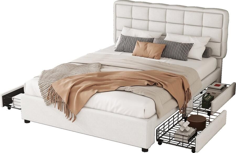 Merax Gestoffeerd Bed 140x200 cm Bed met Lattenbodem Vier Opberglades Minimalistisch Design Leinen Beige Zonder Matras
