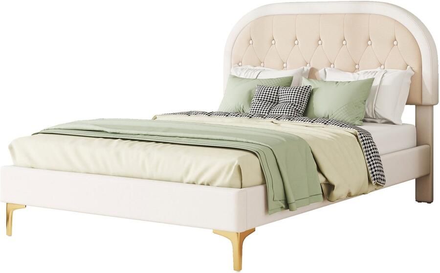 Merax Gestoffeerd Bed 140x200 cm – Bed met Lattenbodem (zonder matras) – Metalen Poten – Gebogen Hoofdbord – Fluweel – Beige – Minimalistisch Design