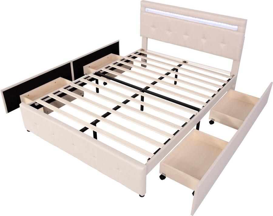 Merax Gestoffeerd Bed 140x200 cm – Bed met LED Verlichting Houten Lattenbodem en 4 Schuiflades – Linnen Stof – Beige – Zonder Matras