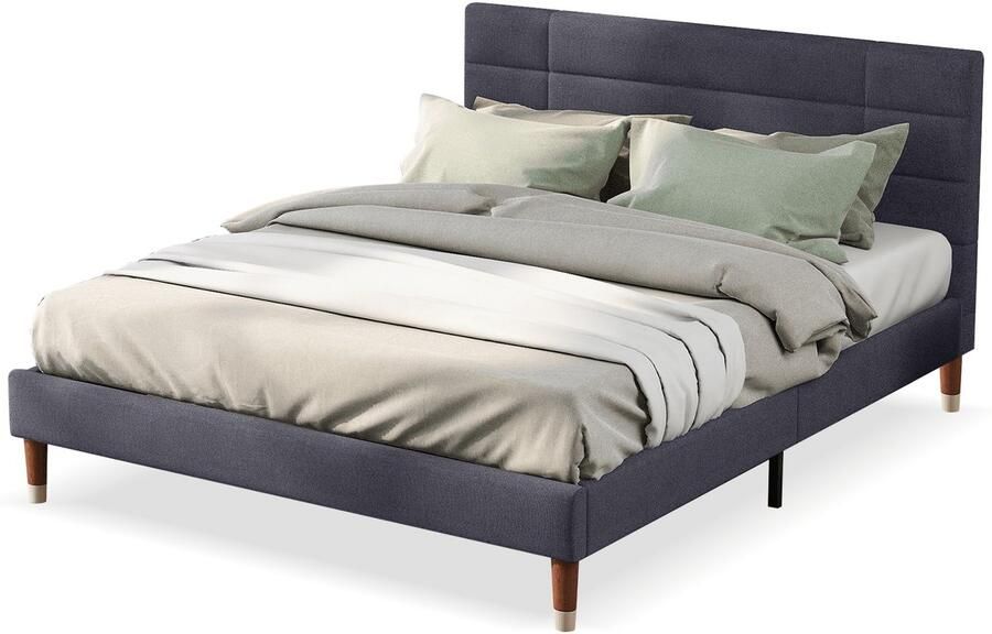 Merax Gestoffeerd Bed 140x200 cm Bedframe met Houten Lattenbodem en Hoofdbord Grijs Linnen Geschikt voor Volwassenen en Tieners