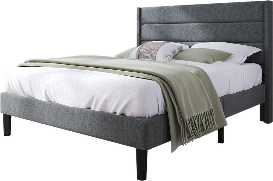 Merax Gestoffeerd Bed 140x200 cm – Bedframe met Lattenbodem & Hoofdbord Modern Tweepersoonsbed met Linnen Bekleding in Donkergrijs