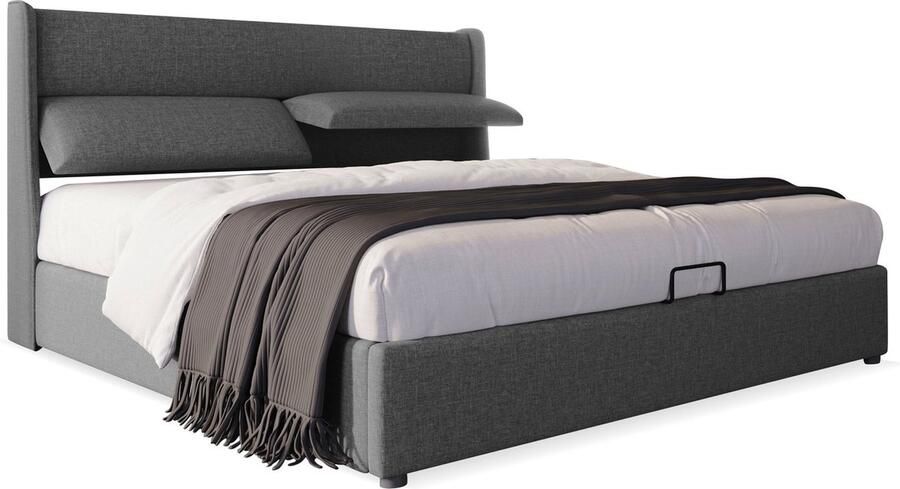 Merax Gestoffeerd Bed 140x200 cm – Bedframe met Verstelbaar Hoofdbord Opbergruimte en Inclusief Matras Leinen Stoffen Bed voor Jongeren Grijs