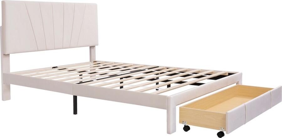 Merax Gestoffeerd Bed 140x200 cm Beige Fluweel met Lattenbodem en Grote Opberglade Slaapbed voor Volwassenen en Jeugd