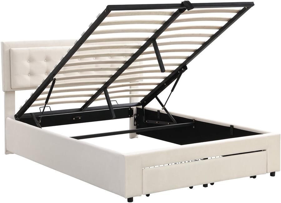 Merax Gestoffeerd Bed 140x200 cm – Beige Fluwelen Bed met Houten Lattenbodem Opbergfunctie met Hydraulisch Systeem & 2 Lades – Verstelbaar Hoofdbord – Dubbelbed